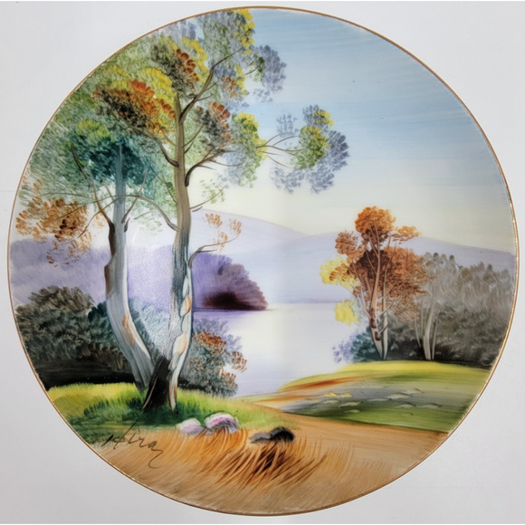 Two UCAGCO China Hand Painted Landscape Plates Gold Trim Japan 1950s Signed Art - Picture 6 of 10